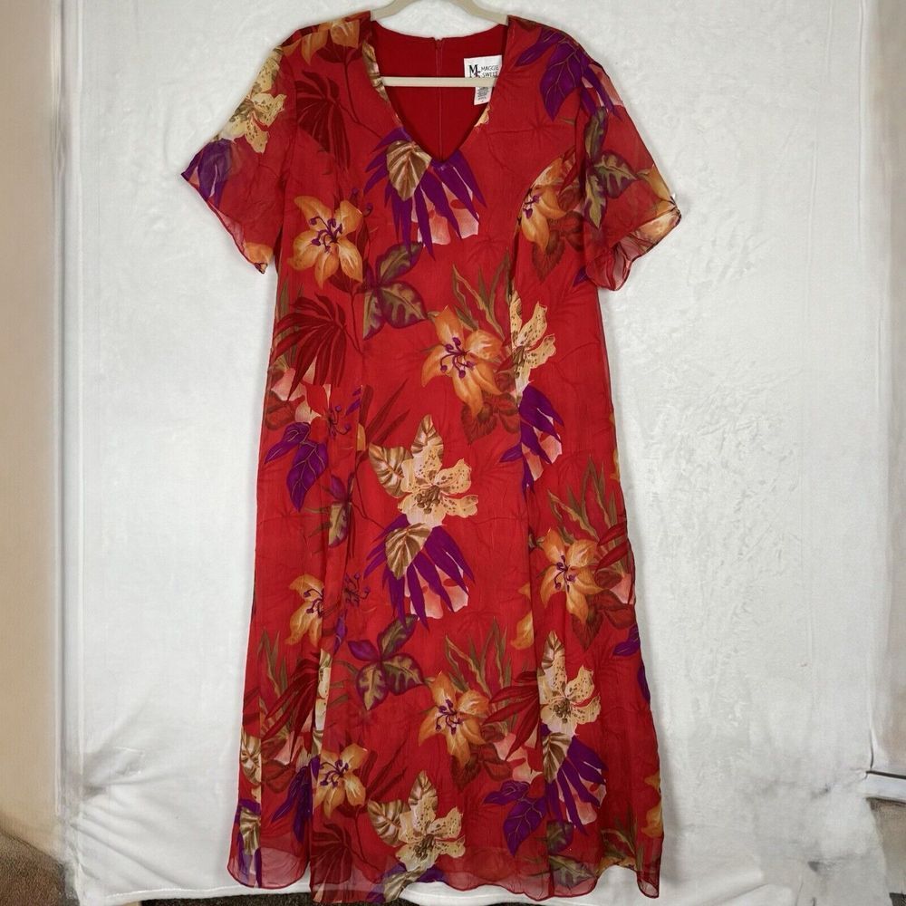 Maggie Sweet Red Floral Maxi Dress Size‎ 1X Tropical Resort Cruise Aloha chiffon